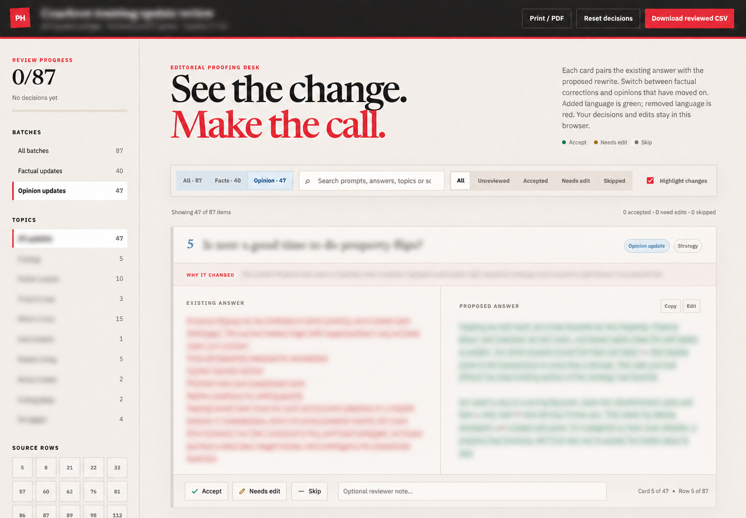 A redacted browser interface showing filters, side-by-side differences and review controls