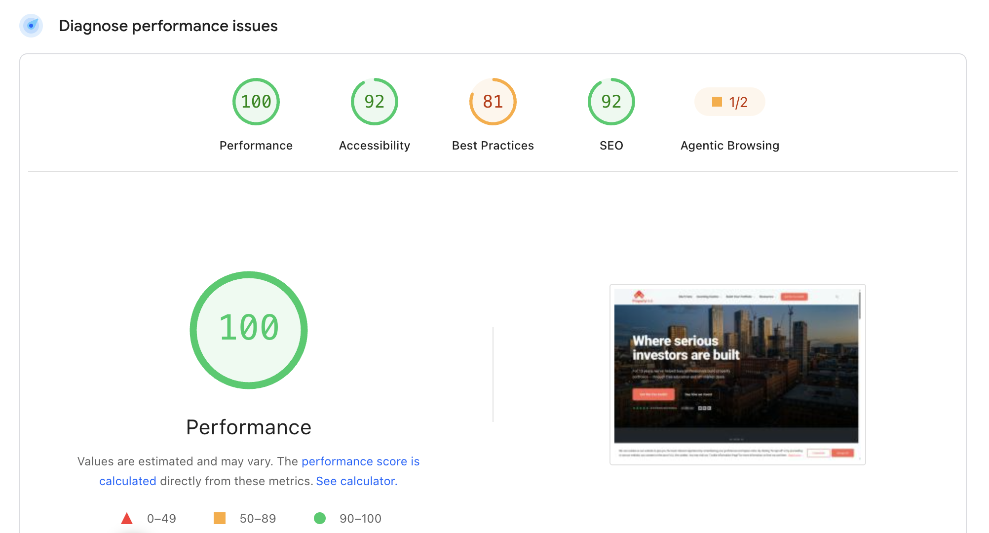 A website diagnostic showing a Lighthouse performance score of 100